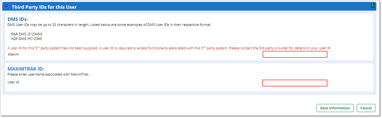 Boxes around fields to input Third Party IDs for the user
