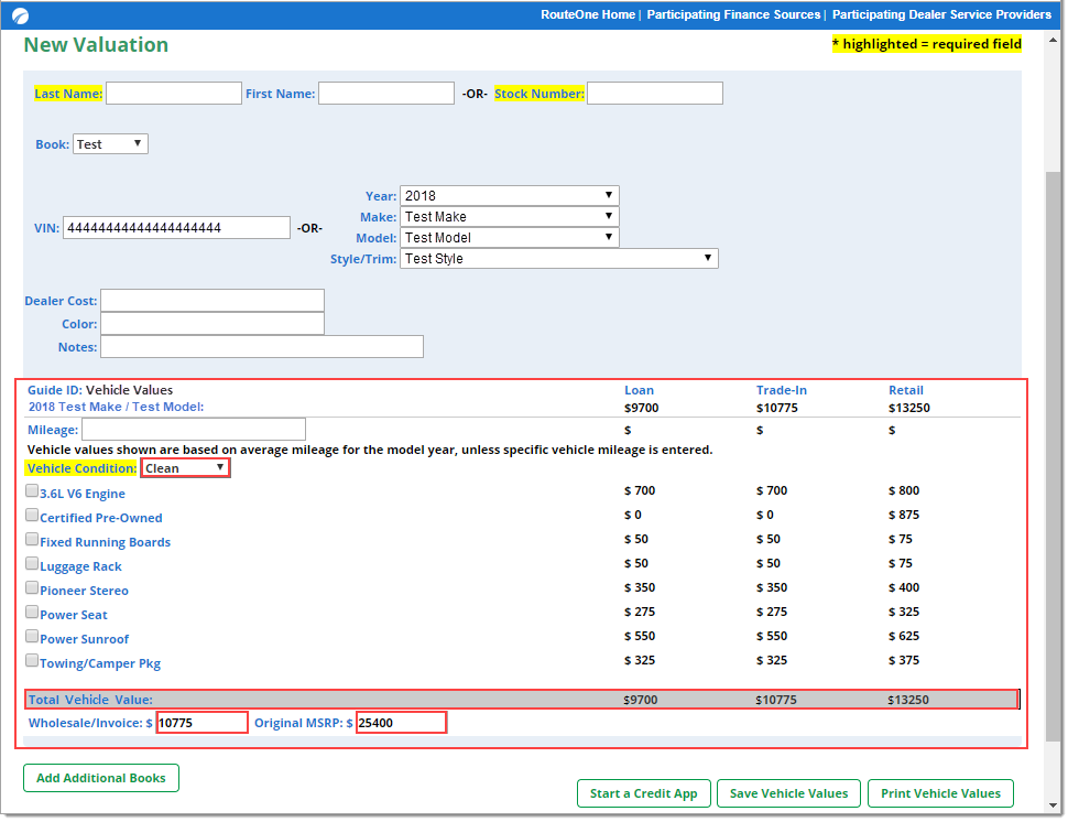 Box around the valuations of the vehicle. Box around ‘Vehicle Condition’ dropdown. Boxes  around Total Vehicle Value, Wholesale/Invoice, and Original MSRP.