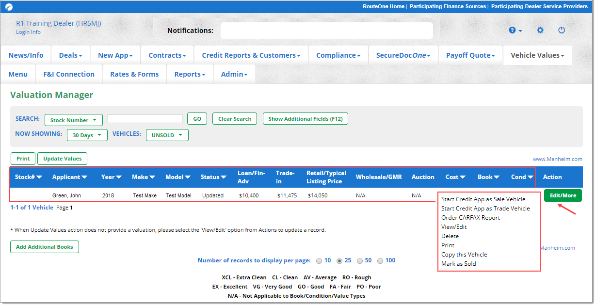 Box around a valuation in the Valuation Manager page. Arrow pointing to ‘Edit/More’ button and box around list of options that appear from ‘Edit/More’ button. 