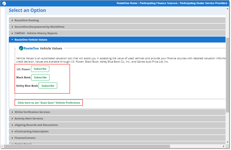 Box around Vehicle Value providers dealership can subscribe to. Box around ‘Auto Save’ Vehicle Preference option. 