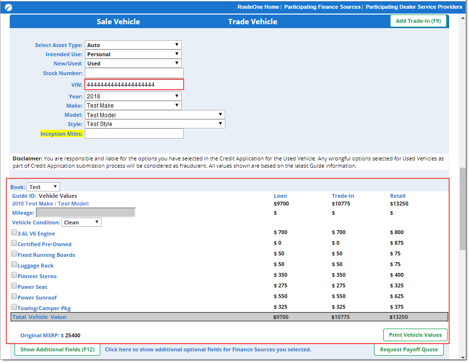 Box around the valuations of the vehicle from the provider(s).