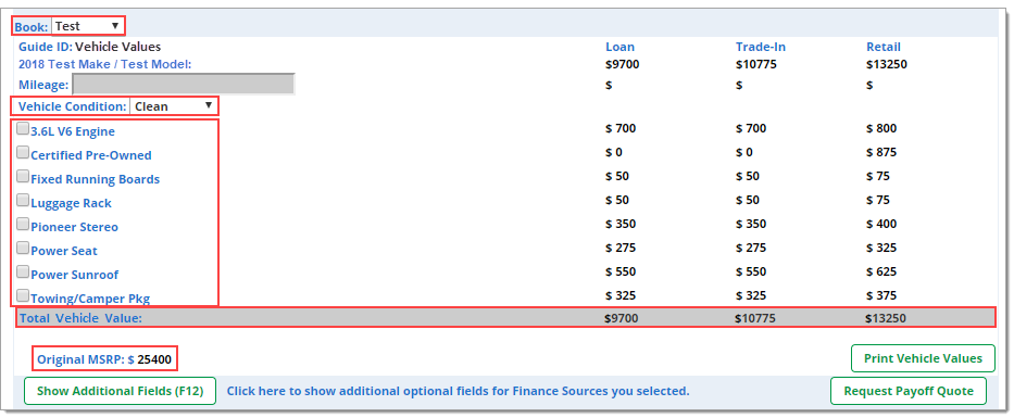 Box around ‘Book’ dropdown, box around ‘Vehicle Condition’ dropdown, box around vehicle features, box around Total Vehicle Value, and box around Original MSRP. 