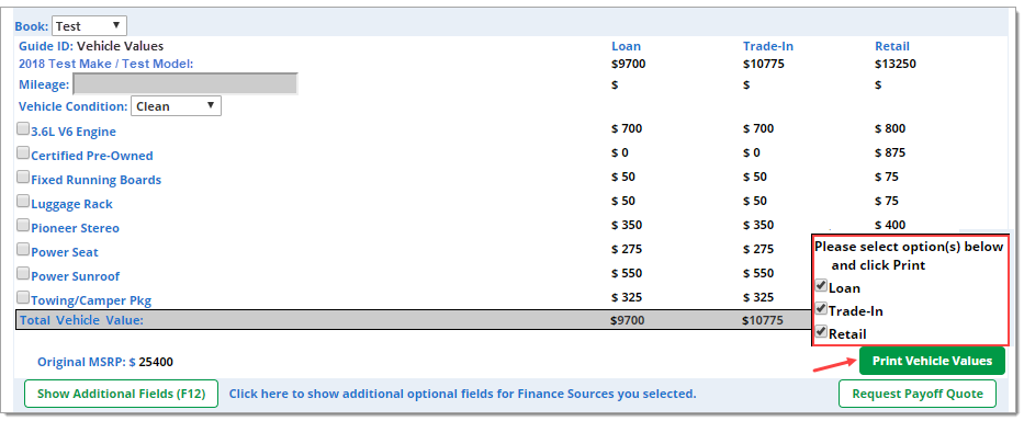 Arrow pointing to ‘Print Vehicle Values’ button. Box around print options that can be selected.  