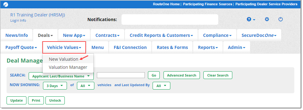 Box around ‘Vehicle Values’ navigation tab, arrow pointing to ‘New Valuation.’ 