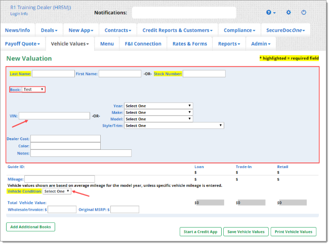 Box around New Valuation section. Box around ‘Book’ dropdown menu. Arrow pointing to ‘VIN’ field. Arrow pointing to ‘Vehicle Condition’ dropdown.