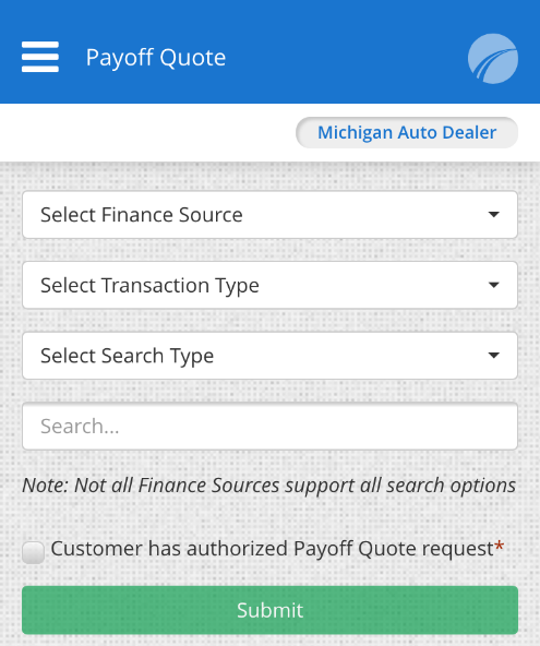 Payoff quote screen, showing options for selecting finance source, transaction type, search type, and searching. 