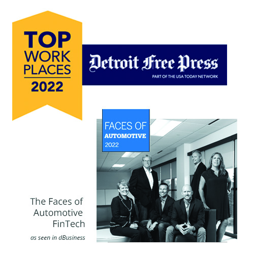 Top Work Places from Detroit Free Press and The Faces of Automotive 2022 with group photo of RouteOne Leadership
