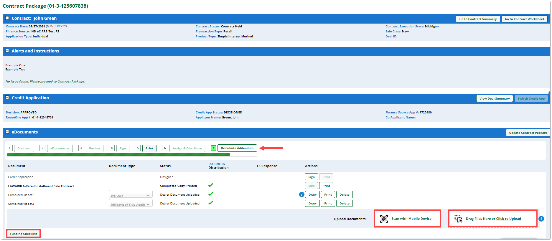 The Contract Package page with an arrow the ‘Distribute Addendum’ button above the eDocuments progress bar and boxes highlighting the ‘Funding Checklist,’ ‘Scan with Mobile Device,’ and ‘Drag Here or Click to Upload’ buttons at the bottom of the eDocuments section.