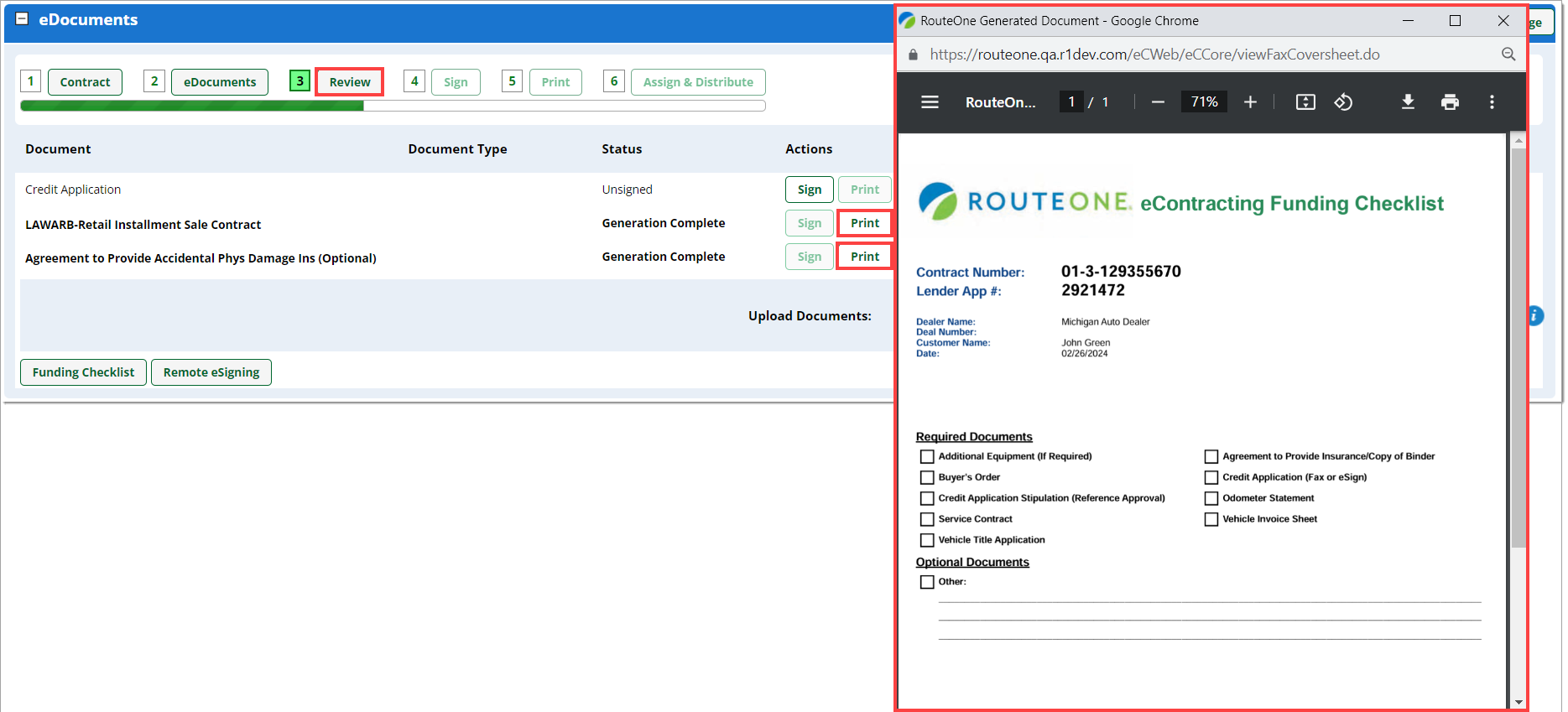 The eDocuments section with boxes around the ‘Review’ button and both ‘Print’ buttons. Box around the pop-up window of the ‘eContracting Funding Checklist.’