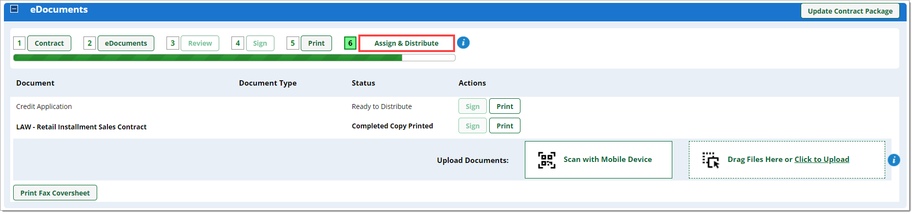 The eDocuments section of the Contract Package page with a box highlighting the ‘Assign and Distribute’ button.