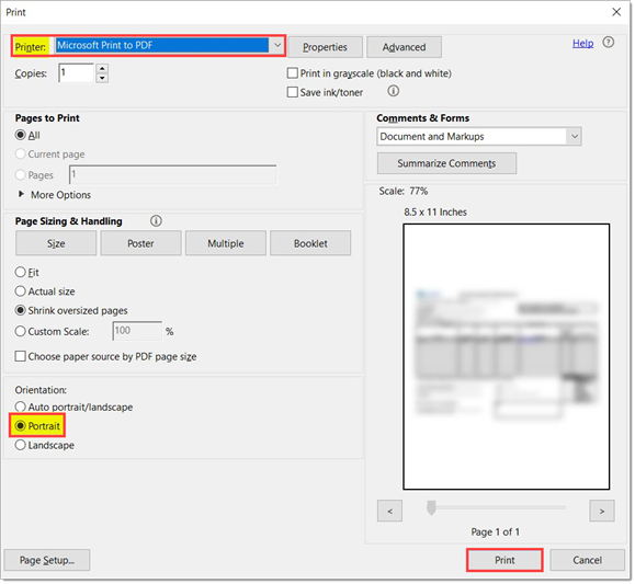 Box around print option dropdown. Box around ‘Portrait’ orientation selected. Box around ‘Print’ button.