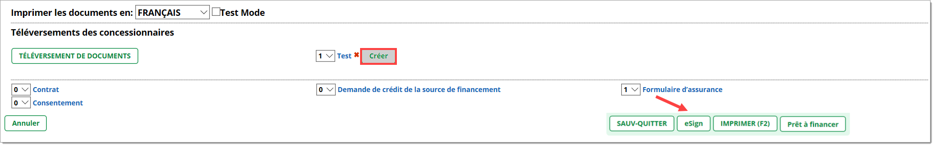 La partie inférieure de la feuille de calcul, y compris la section « Téléversements des concessionnaires », comprenant un document téléversé visible, une boîte mettant en valeur le bouton « Créer », et une flèche pointant vers le bouton « eSign ».La partie inférieure de la feuille de calcul, y compris la section « Téléversements des concessionnaires », comprenant un document téléversé visible, une boîte mettant en valeur le bouton « Créer », et une flèche pointant vers le bouton « eSign ».