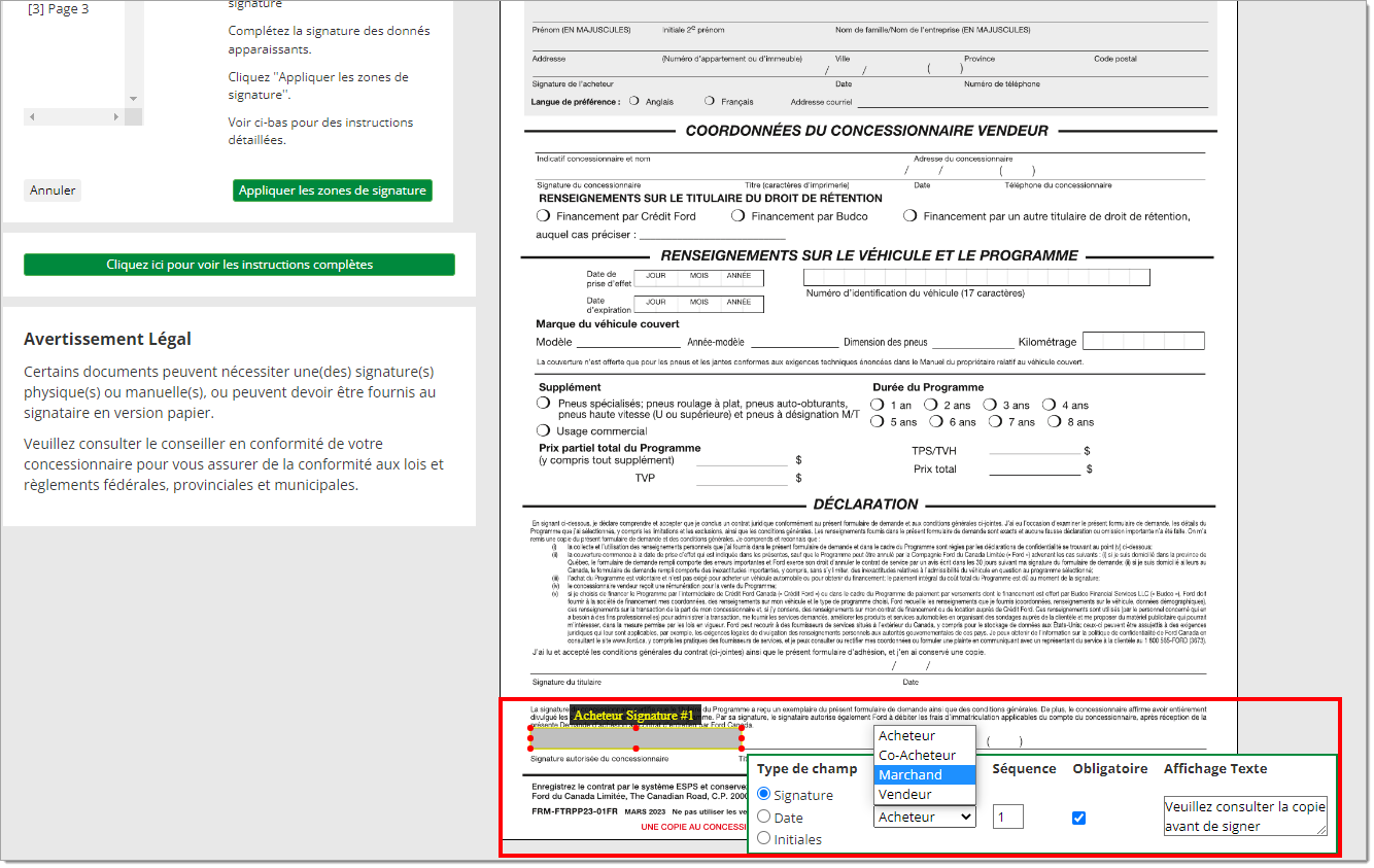 Un document téléversé, avec ajout d’une boîte eSign mise en valeur par une boîte, et agrandissement du menu déroulant de type de signataire.