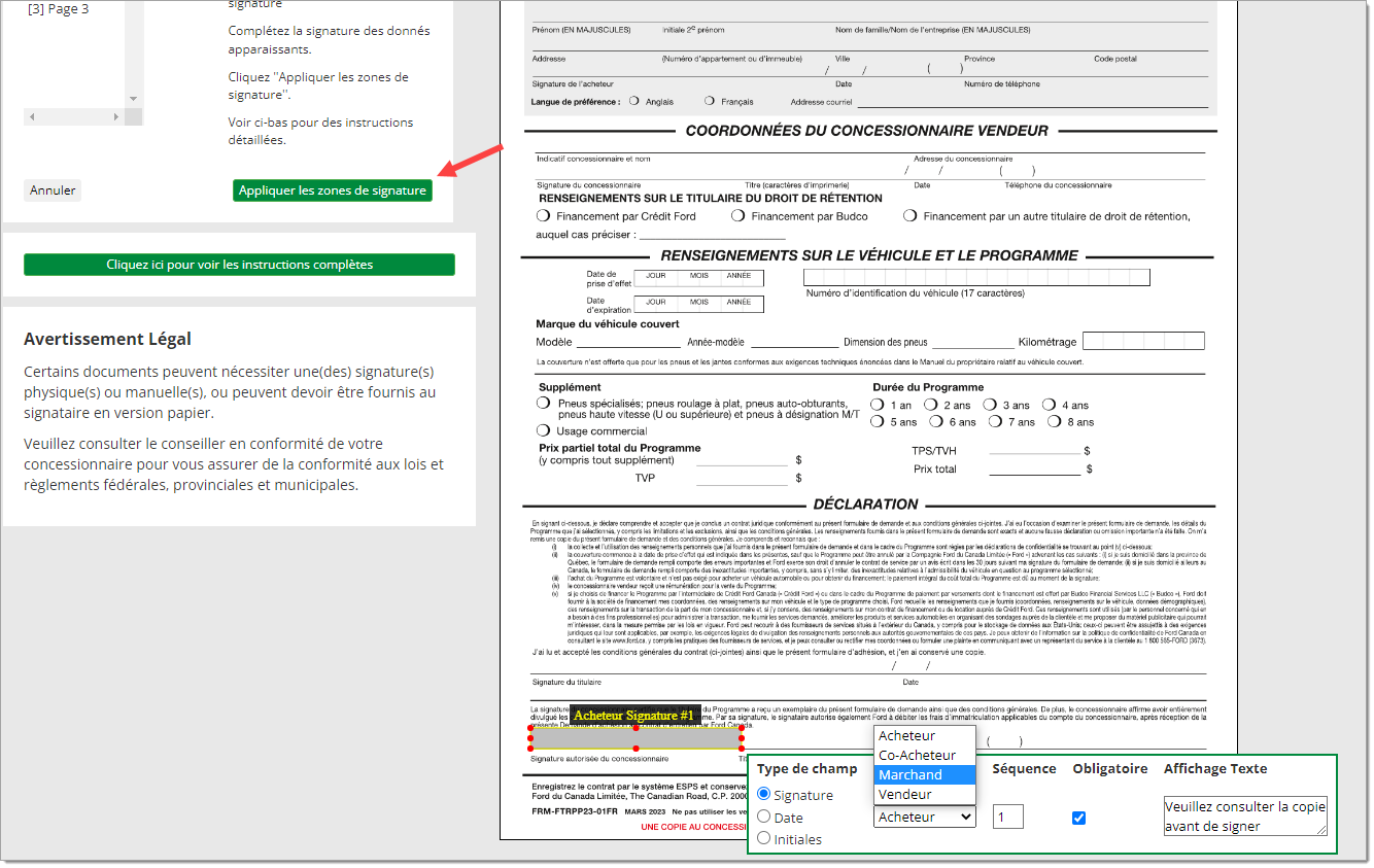 Un document téléversé avec ajout d’une boîte eSign, et agrandissement du menu déroulant de type de champ de signature, avec flèche pointant vers le bouton « Appliquer les zones de signature » du côté gauche de l’écran.