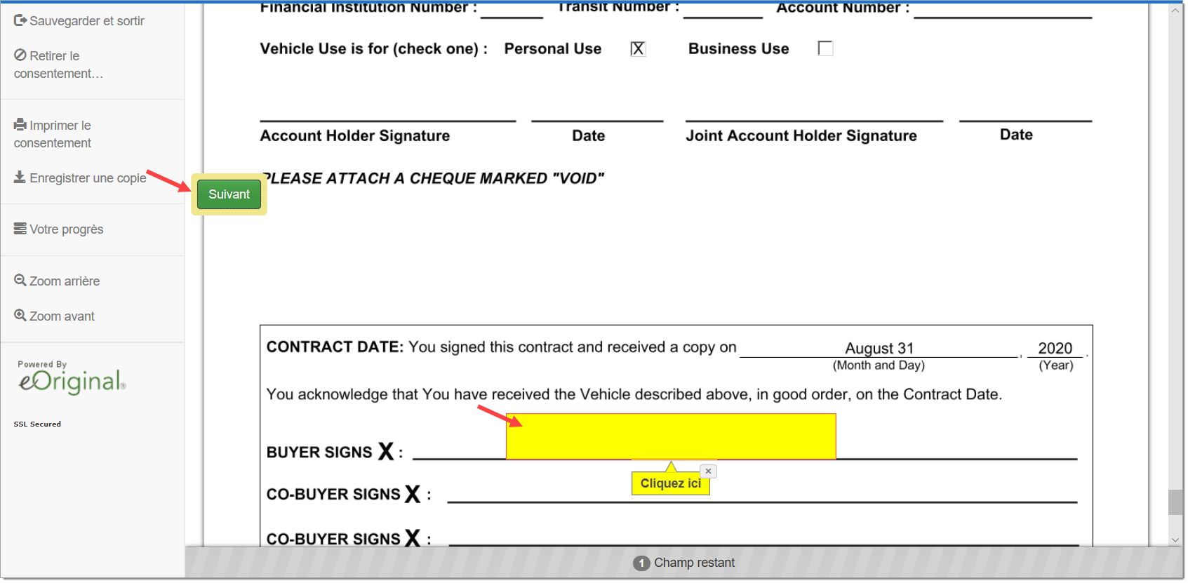 Le processus eSign, avec flèche pointant vers le champ « Signature » et une flèche pointant vers le bouton « Suivant ».