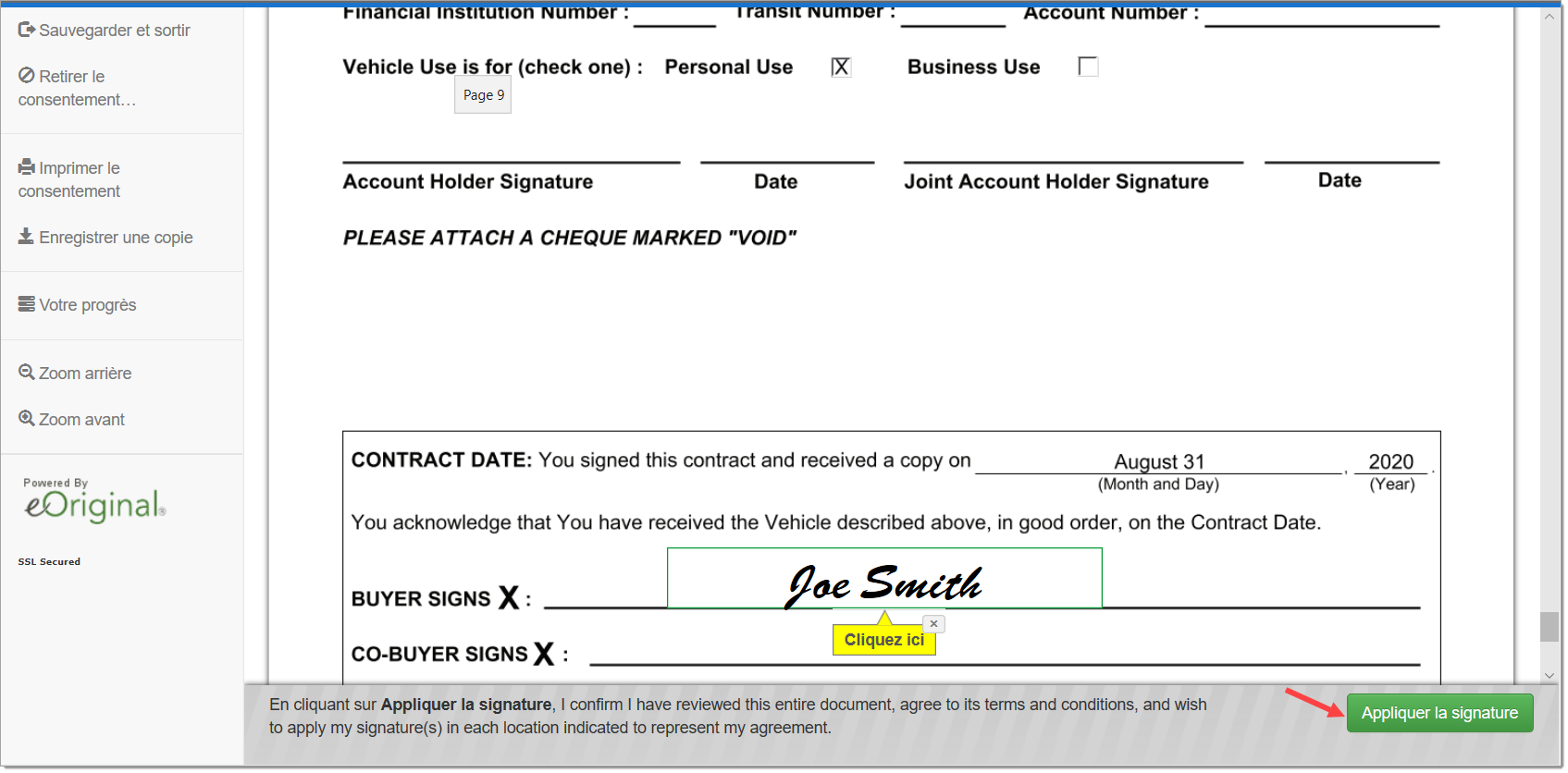 Le processus eSign, avec saisie de signature dans le champ de signature et une flèche pointant vers le bouton « Appliquer la signature ».