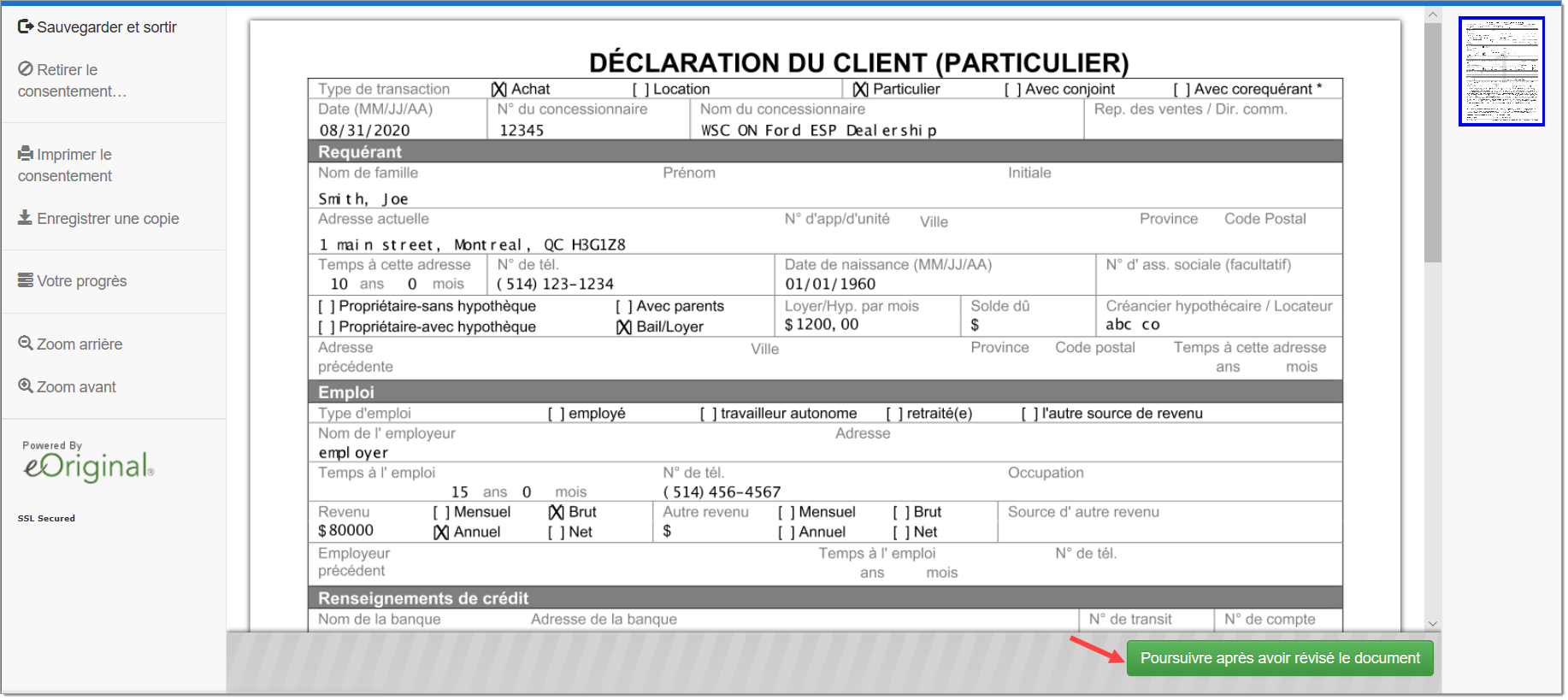 Le processus eSign, avec saisie de signature avec flèche pointant vers le bouton « Poursuivre après avoir révisé le document ».