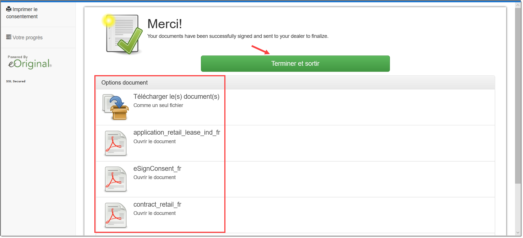 La fin du processus eSign, avec flèche pointant vers le bouton « Terminer et sortir », et une boîte mettant en valeur les « Options de documents ».