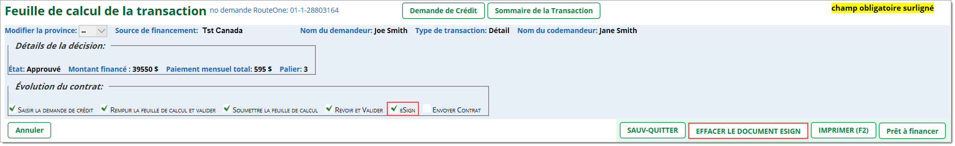 Feuille de calcul avec boîte mettant en valeur l’étape cochée « eSign » et une boîte mettant en valeur le bouton « Effacer le document signé ».