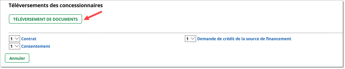 La section des téléversements des concessionnaires, avec flèche pointant vers le bouton « Téléversement de documents ».