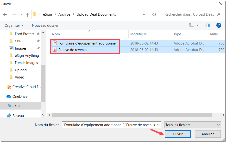 L’explorateur de fichiers, avec boîte mettant en valeur les PDF « formulaire d’équipement additionnel » et « Preuve de revenus », et une flèche pointant vers le bouton « Ouvrir ».