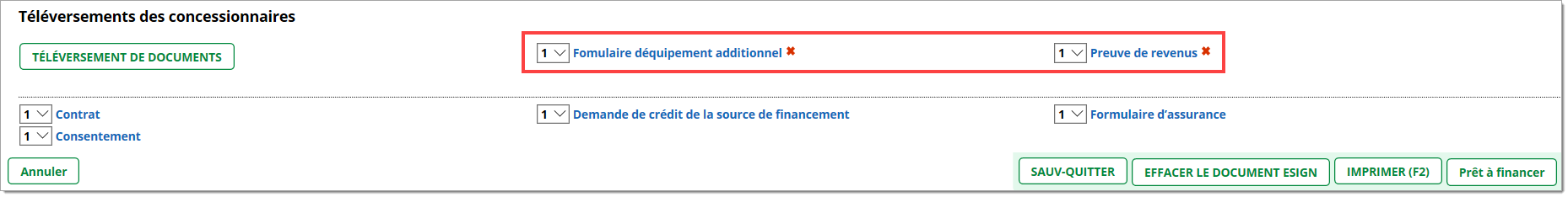 La section « Téléversements des concessionnaires » avec boîte mettant en valeur l’ajout des nouveaux documents.