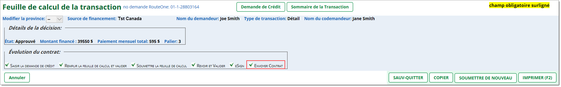 La feuille de calcul, avec boîte mettant en valeur l’étape « Envoyer contrat » dans la barre d’évolution du contrat.