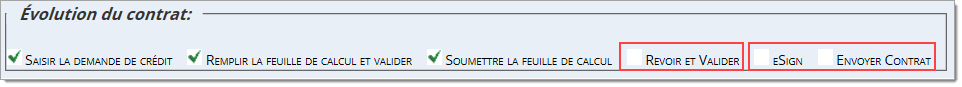 La barre d’évolution du contrat, avec boîtes mettant en valeur les étapes « Revoir et valider »,   « eSign » et « Envoyer contrat ». 