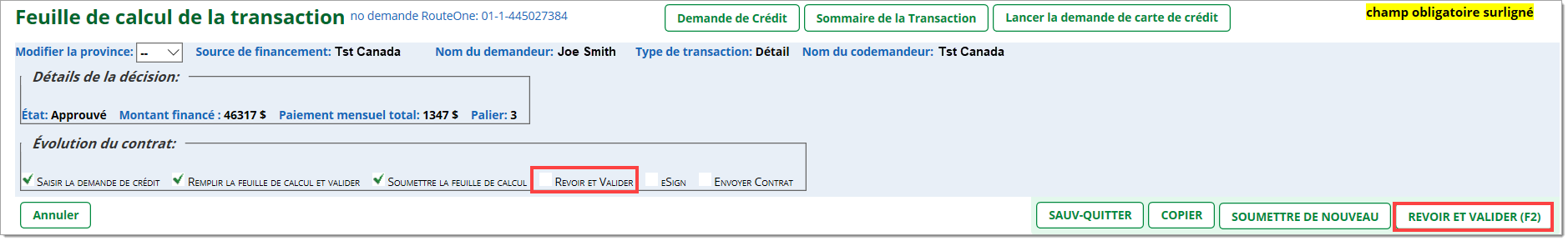 La partie supérieure de la feuille de calcul, avec boîte mettant en valeur l’étape « Revoir et valider » dans la barre d’évolution du contrat, et une boîte mettant en valeur le bouton « Revoir et valider » dans la partie inférieure droite.