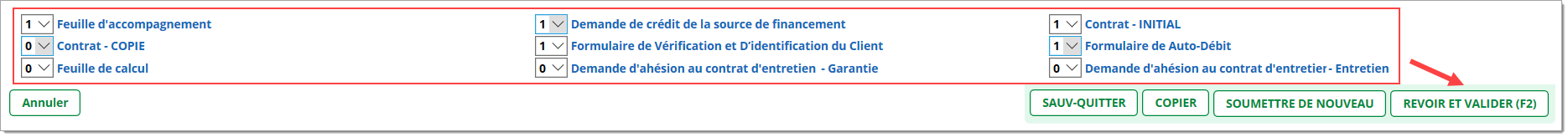 Partie inférieure de la feuille de calcul de ‘transaction, avec boîte mettant en valeur les documents, et une flèche pointant vers le bouton « Revoir et valider ».